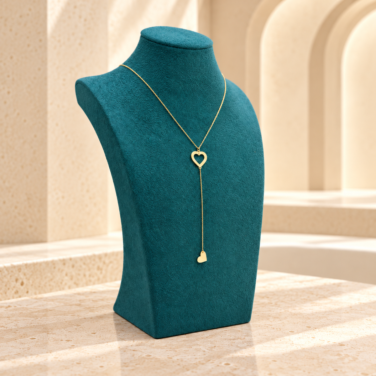 Collier doré en Y à cœur ajouré et petit cœur