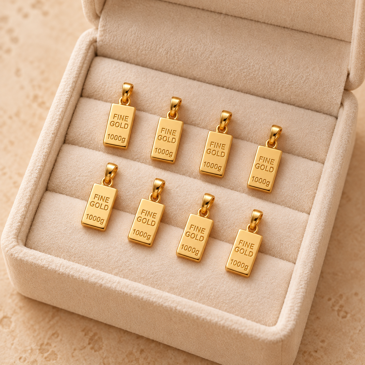 Pendentifs lingots miniatures — Ensemble de petits lingots en Or avec bélières, présentés dans la main.