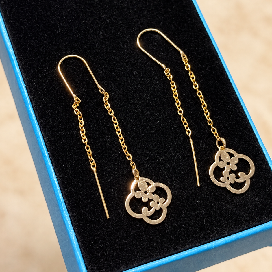 Boucles d’oreilles traversantes dorées à trèfles ajourés dans un cercle