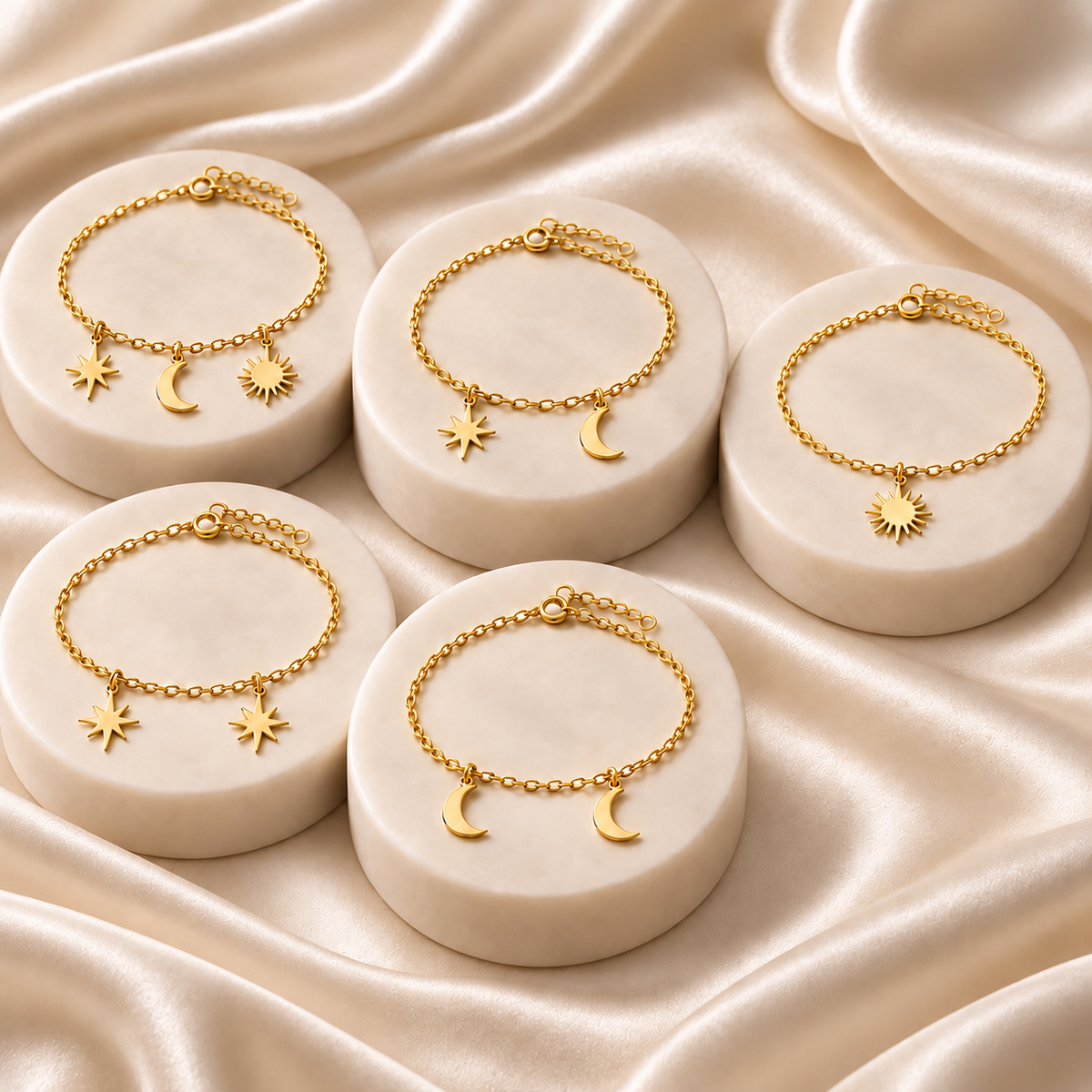 Bracelet breloques Étoile, Lune & Soleil en Or jaune