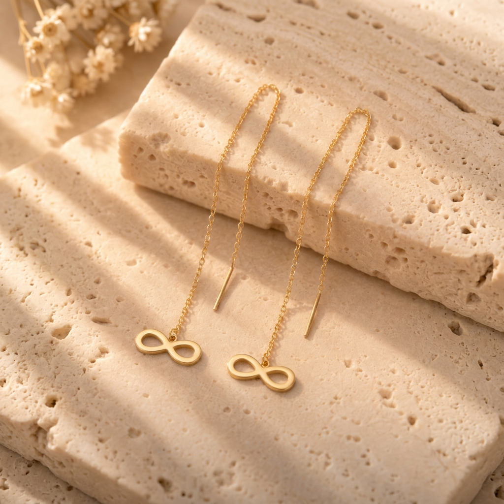 Boucles d’oreilles traversantes infini en or jaune 18K sur travertin, Charmays