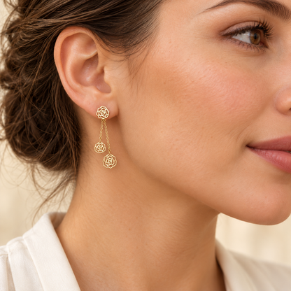 Boucles d’oreilles pendantes roses en Or jaune