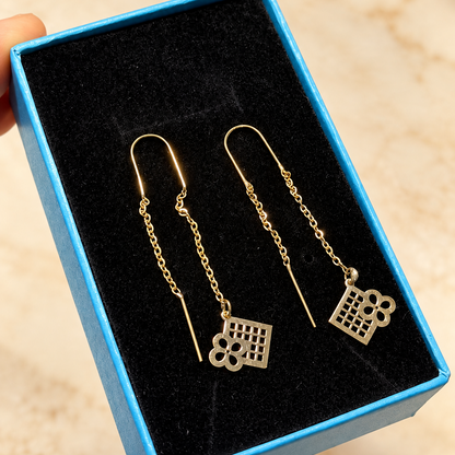 Boucles d’oreilles traversantes dorées à fleurs et carrés ajourés