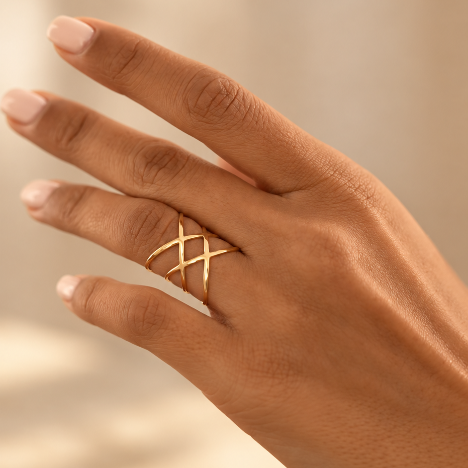 Bague croisée à fils fins en métal doré