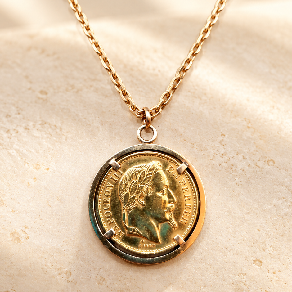 Collier avec pièce dorée montée en pendentif