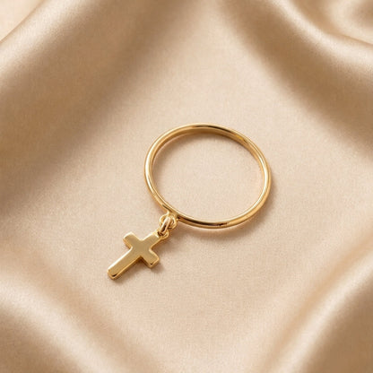 Iris – Bague fine pendentif croix personnalisable - Or massif - Or jaune - présenté dans un écrin cadeau de luxe