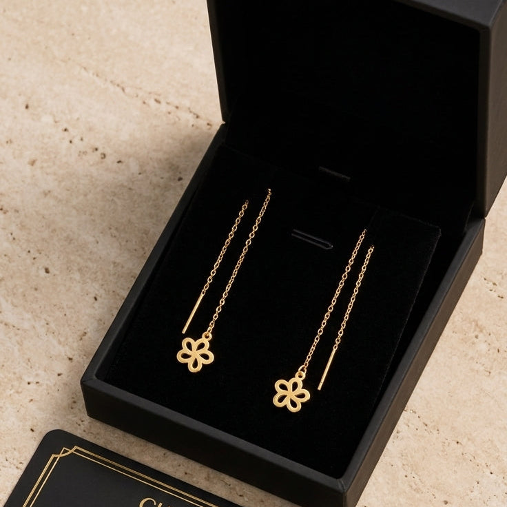 Boucles d'oreilles pendantes fleur - Or massif - Or jaune - présenté dans un écrin cadeau de luxe