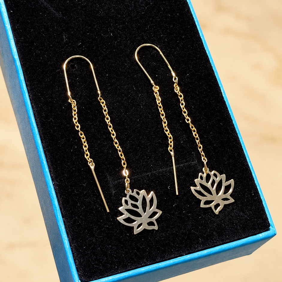 Boucles d’oreilles traversantes dorées à fleurs de lotus ajourées