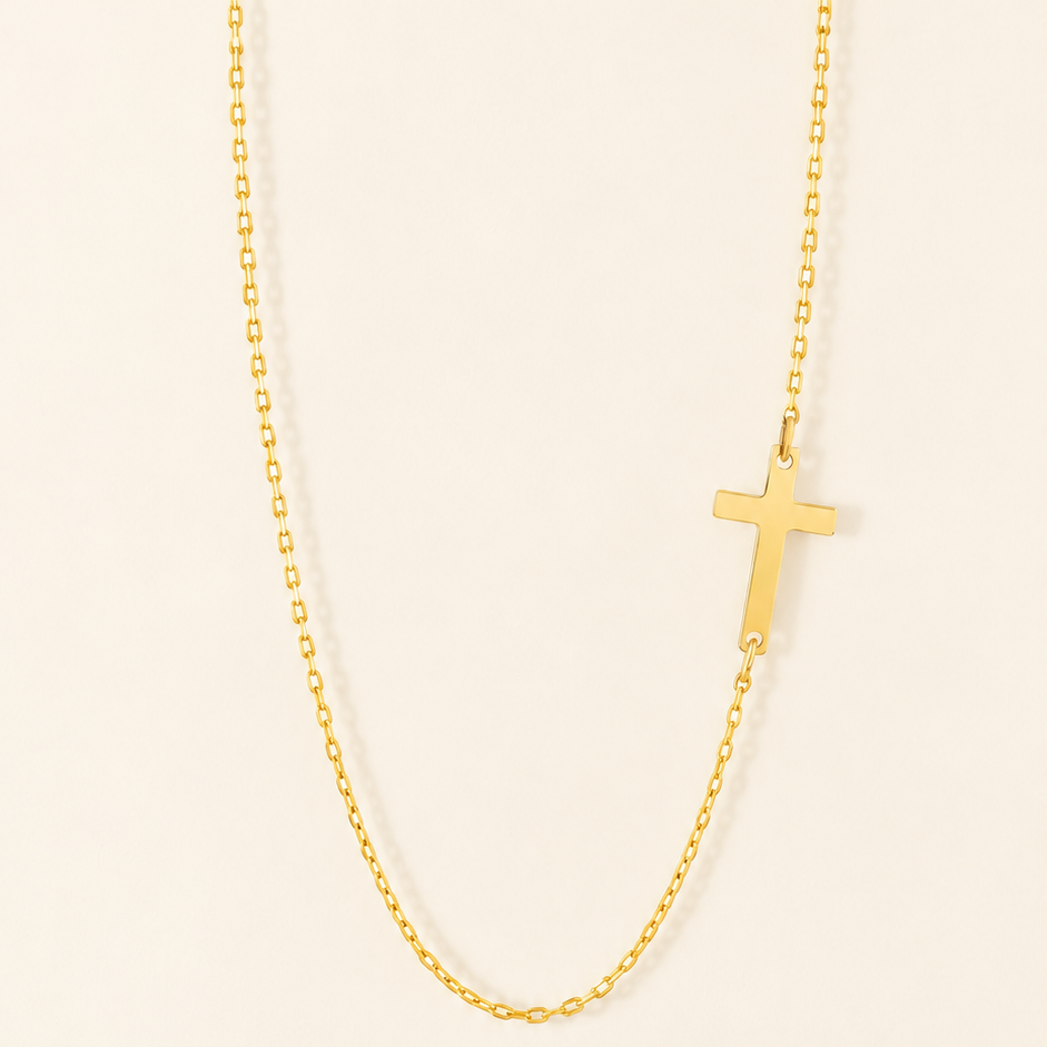 Collier à petit croix latérale Or 18K - Chaîne fine avec motif discret sur le côté.