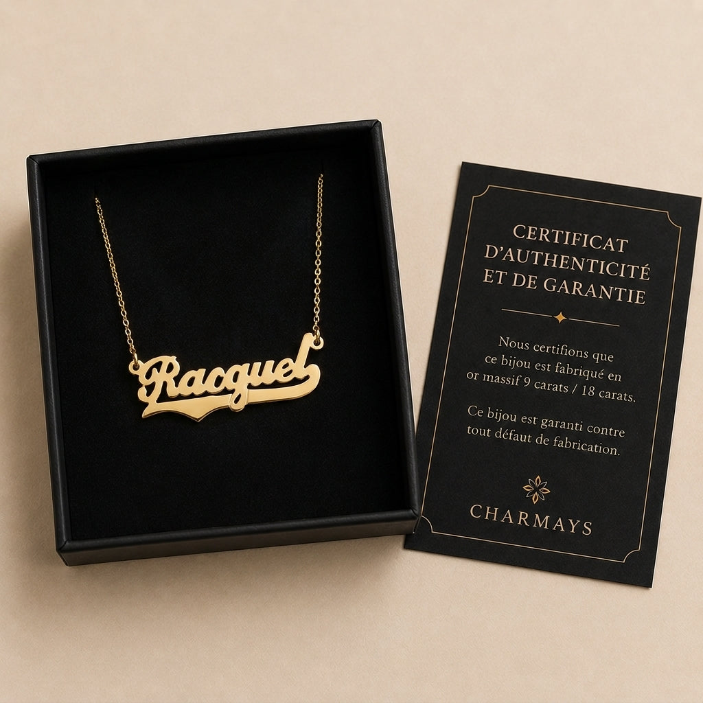 Raquel – Pendentif prénom personnalisé en or - Or massif 18 carats - Or jaune - présenté dans un écrin cadeau de luxe