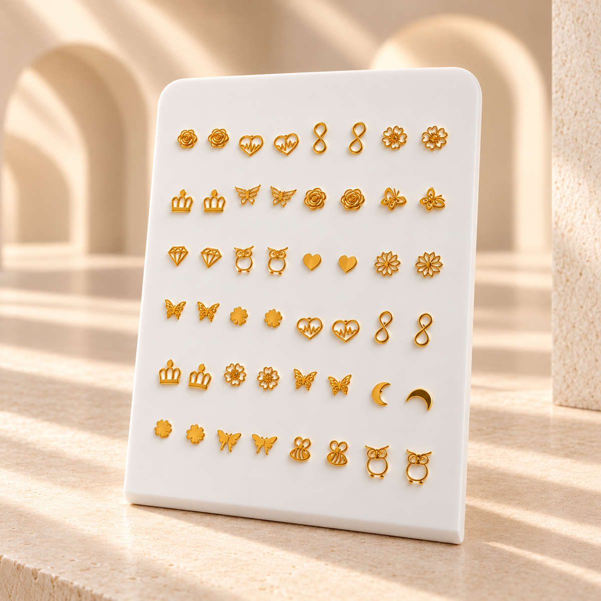 Présentoir de boucles d’oreilles puces dorées à motifs variés