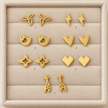 Assortiment de puces d’oreilles en Or à motifs feuilles, oiseaux, éclairs, cœurs, trèfles et girafes