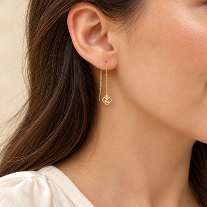 Boucles d’oreilles traversantes en Or  à trèfles ajourés dans un cercle