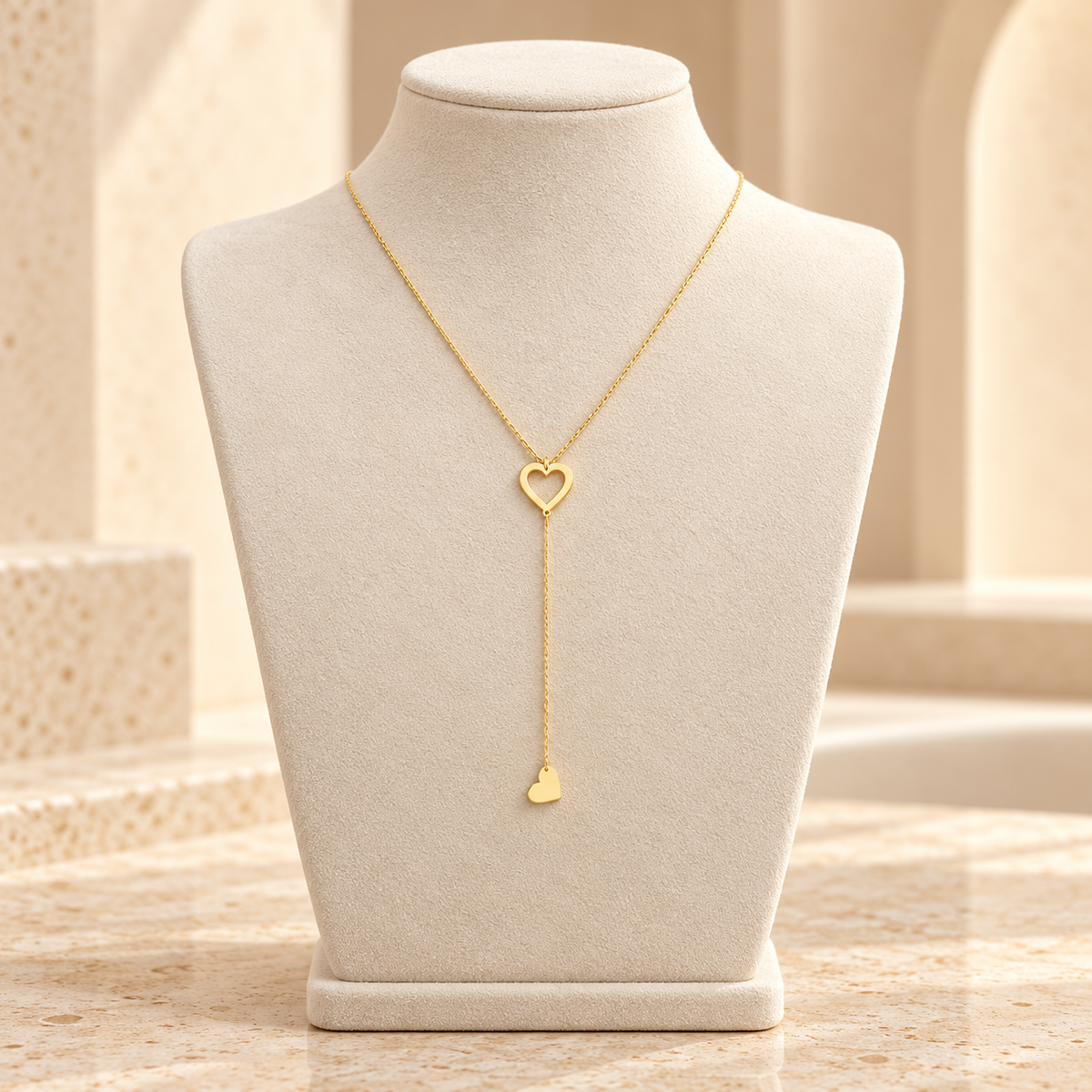 Collier doré en Y à cœur ajouré et petit cœur