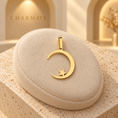 Pendentif doré croissant de lune et étoile