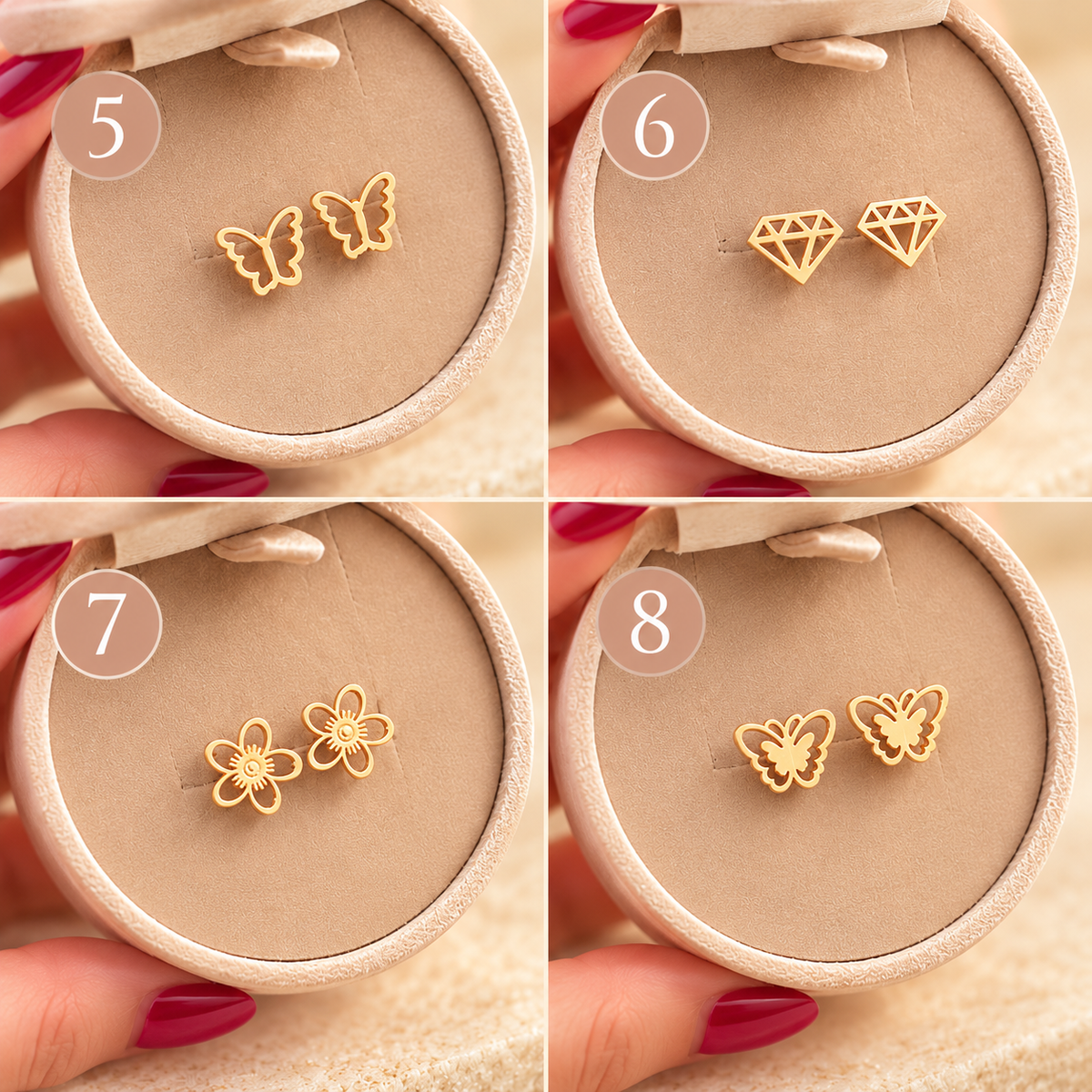 Boucles d’oreilles puces dorées à motifs variés