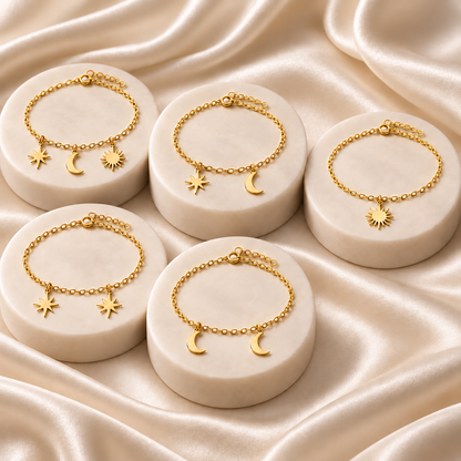 Bracelet breloques Étoile, Lune & Soleil en Or jaune