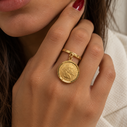 Bague bandeau en Or 18 et sa pièce de napoléon 10 Francs ou 20 Francs