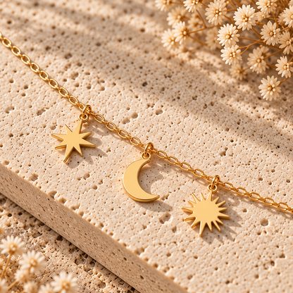 Bracelet breloques Étoile, Lune & Soleil en Or jaune