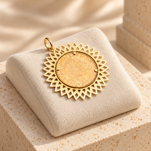 Pendentif porte-pièce doré à entourage géométrique ajouré