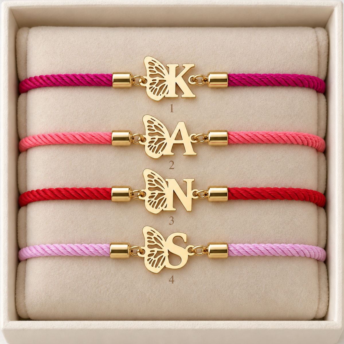 Bracelet cordon personnalisé initiale ailes de papillon en Or
