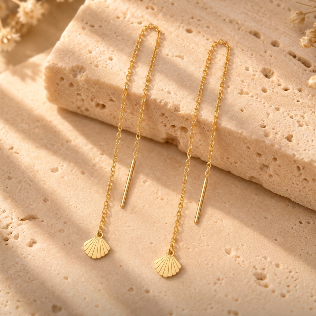 Boucles d’oreilles traversantes coquillage en or jaune 18K sur travertin, Charmays