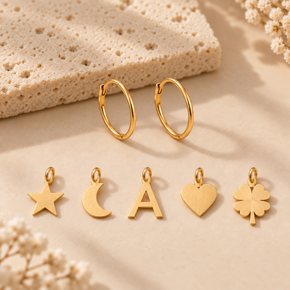 Créoles breloques étoile et lune en or jaune 18K sur pierre, Charmays
