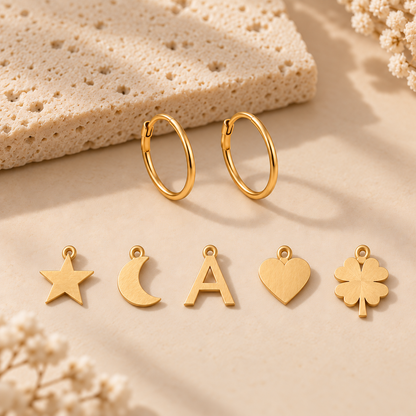 Créoles en or jaune 18K avec breloques interchangeables étoile lune lettre coeur trèfle, Charmays