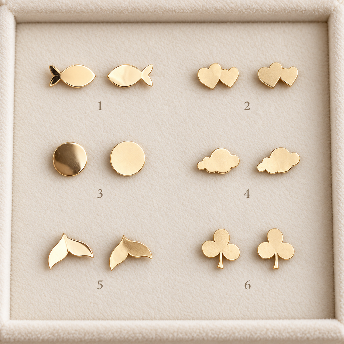 Assortiment de puces d’oreilles en Or à poissons, cœurs, pastilles, nuages et trèfles