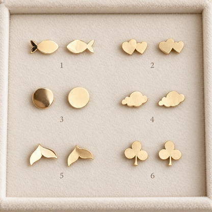 Assortiment de puces d’oreilles en Or à poissons, cœurs, pastilles, nuages et trèfles